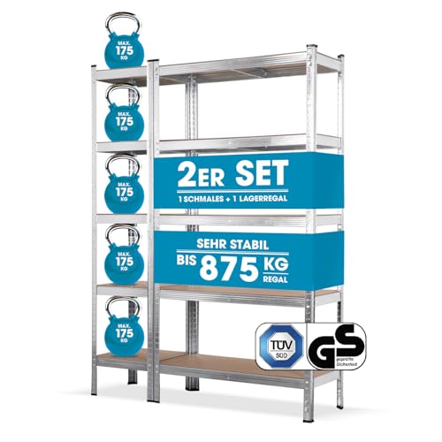EASYmaxx Schwerlastregal 2er-Set | 875 kg Traglast, 175 kg pro Ebene | Regal und Werkbank | Kellerregal, Lagerregal mit 5 verstellbaren Ablagen | Für Keller, Garage, Hobbyraum, Werkstatt EASYmaxx Schwerlastregal 2er-Set | 875 kg Traglast, 175 kg pro Ebene | Regal und Werkbank | Kellerregal, Lagerregal mit 5 verstellbaren Ablagen | Für Keller, Garage, Hobbyraum, Werkstatt von EASYmaxx