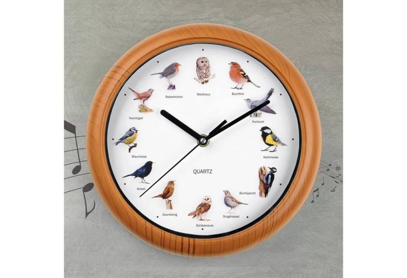EASYmaxx Wanduhr mit 12 Singvogelgesang mit naturgetreuen Vogelmotiven (Automatische Abschaltung zwischen 21 und 5 Uhr, Rahmen Holzoptik) von EASYmaxx