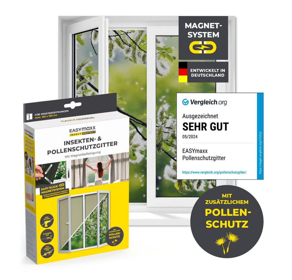 Insektenschutzplissee Fliegengitter Fenster inkl. Pollenschutz 150x130cm zuschneidbar, EASYmaxx, Magnetbefestigung, magnetisch, Moskitonetz von EASYmaxx