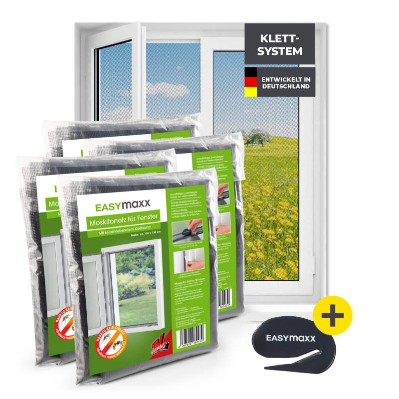 Moskitonetz für Fenster mit selbstklebendem Klettband - 4er-Set - 110 x 130 cm - Schwarz von EASYmaxx
