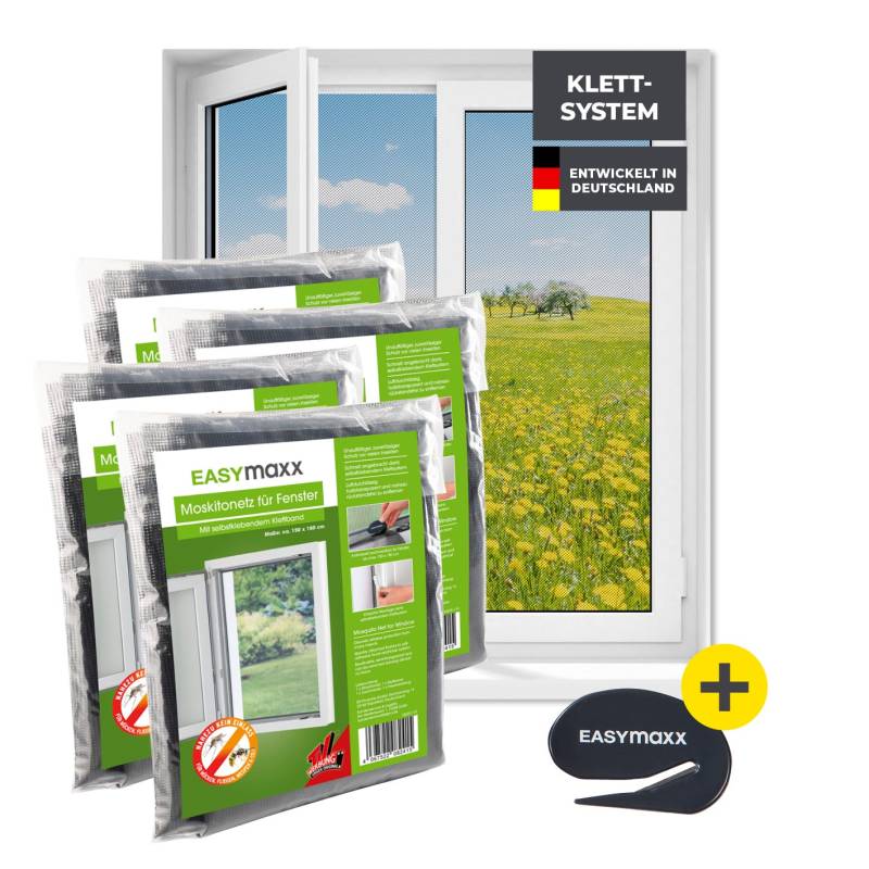 Moskitonetz für Fenster mit selbstklebendem Klettband - 4er-Set - 150 x 180 cm - Schwarz von EASYmaxx
