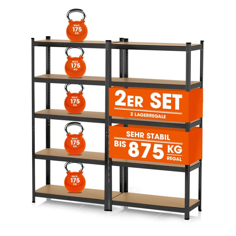 Schwerlastregal mit 5 belastbaren Holzböden - 180  x90 x 40 cm - schwarz - 2er-Set von EASYmaxx