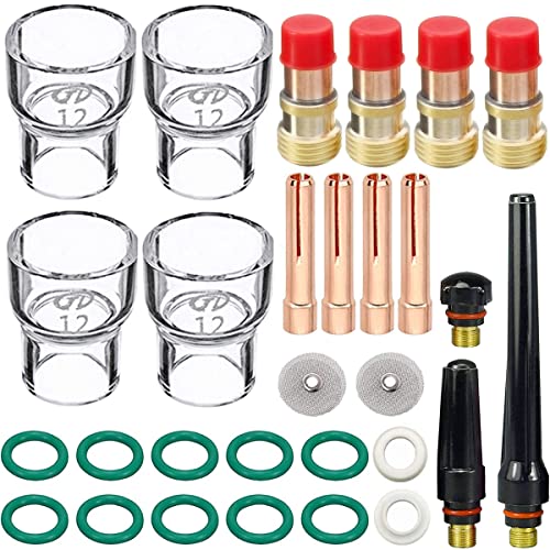 EATBALE 29 Stück TIG Stubby Gas Lens 17GL332 3/32" & #12 Glas Cup & Wig Gas Lens Collet Kit für WP-17/18/26 von EATBALE
