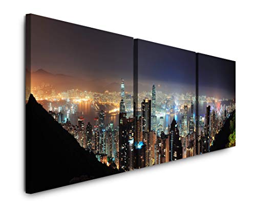 EAUZONE GmbH Hong Kong Wolkenkratzer Skyline 220 x 70cm - 3 Bilder je 70x70cm Bild XXL Panorama Deko Wandbilder auf Leinwand von EAUZONE GmbH