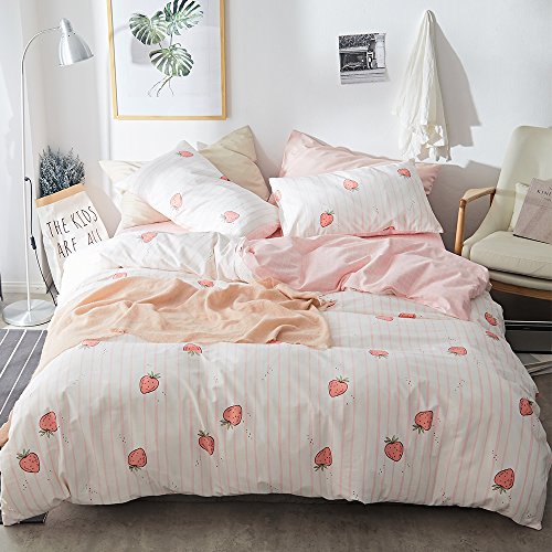 MICBRIDAL Fruit Strawberry Bettwäsche-Set für Doppelbett, 1 Bettbezug + 2 Kissenbezüge, bequem, weich, 100 % Baumwolle, Erdbeer-Bettwäsche-Set Mädchen und Frauen, rosa gestreifter mit Reißverschluss von EAVD