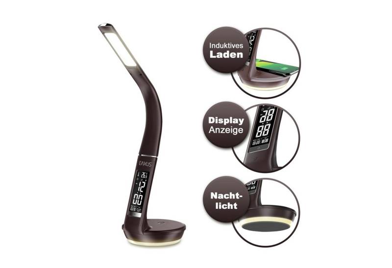EAXUS LED Schreibtischlampe Tischleuchte mit Display und Induktionsladefunktion, Energieffizienzklasse C, LED fest integriert, 4000/2500 Kelvin, Display mit Datum, Uhrzeit, Temperatur von EAXUS
