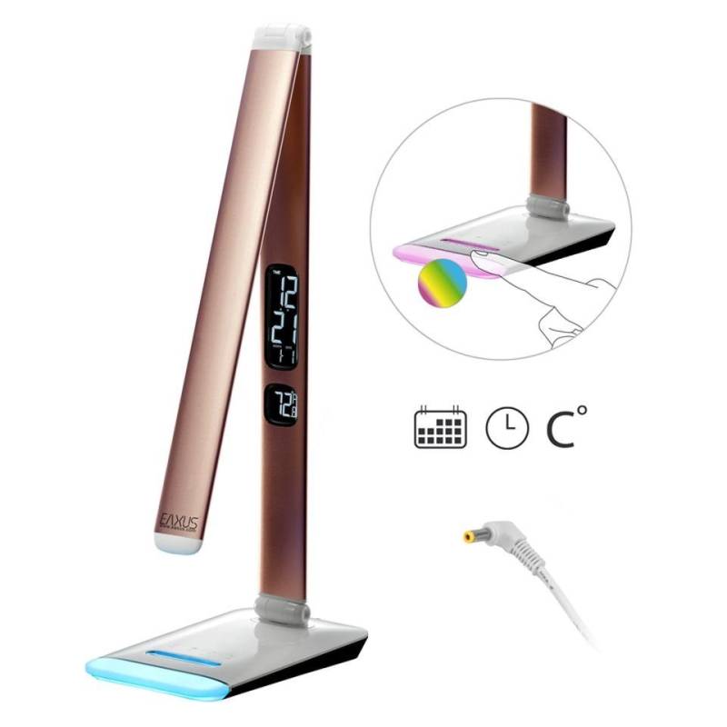 EAXUS LED Schreibtischlampe LED Schreibtischlampe mit RGB-Farbwechsel - Dimmbar, LED fest integriert, mit Touch-Funktion, Uhr, Kalender & Temperaturanzeige, Kupferfarben von EAXUS