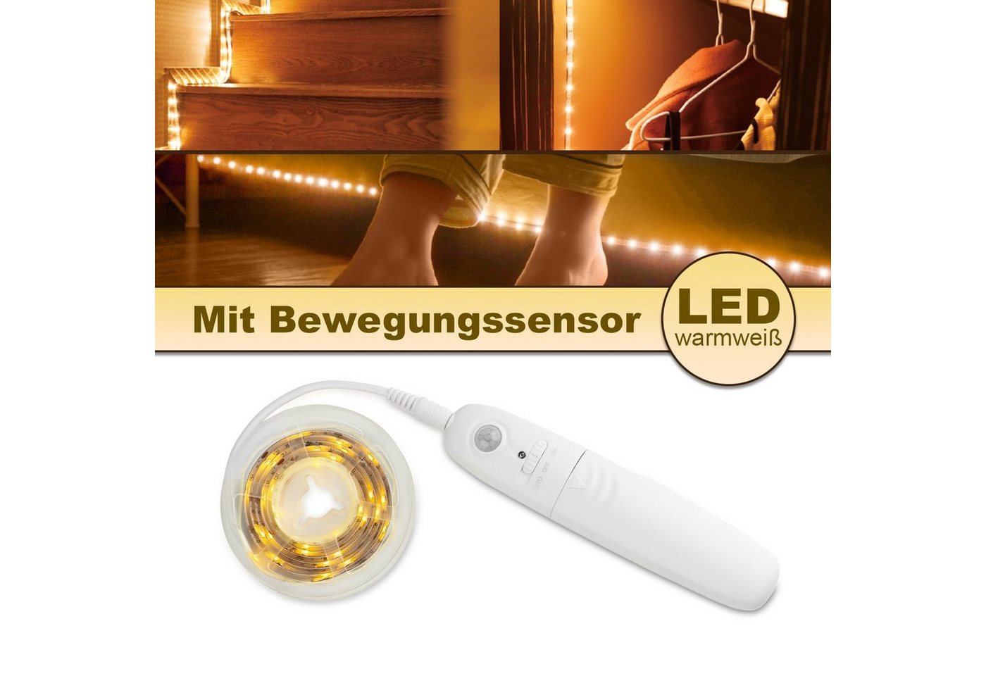 EAXUS LED-Streifen 30 LED Strip mit Bewegungssensor und Helligkeitssensor - 3 Meter, Beständig gegen Feuchtigkeit, Klebestreifen auf Rückseite von EAXUS