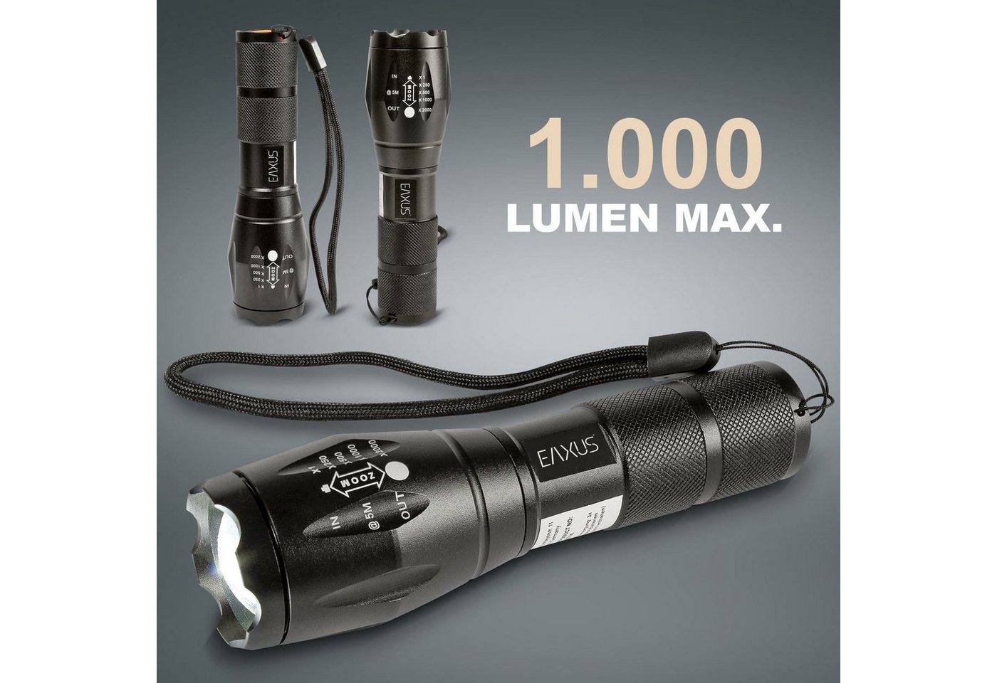 EAXUS LED Taschenlampe Taktische Taschenlampe Zoombar (1-St), 5 Leuchtmodi, SOS-Modus, Aluminium-Gehäuse, 1000 Lumen von EAXUS