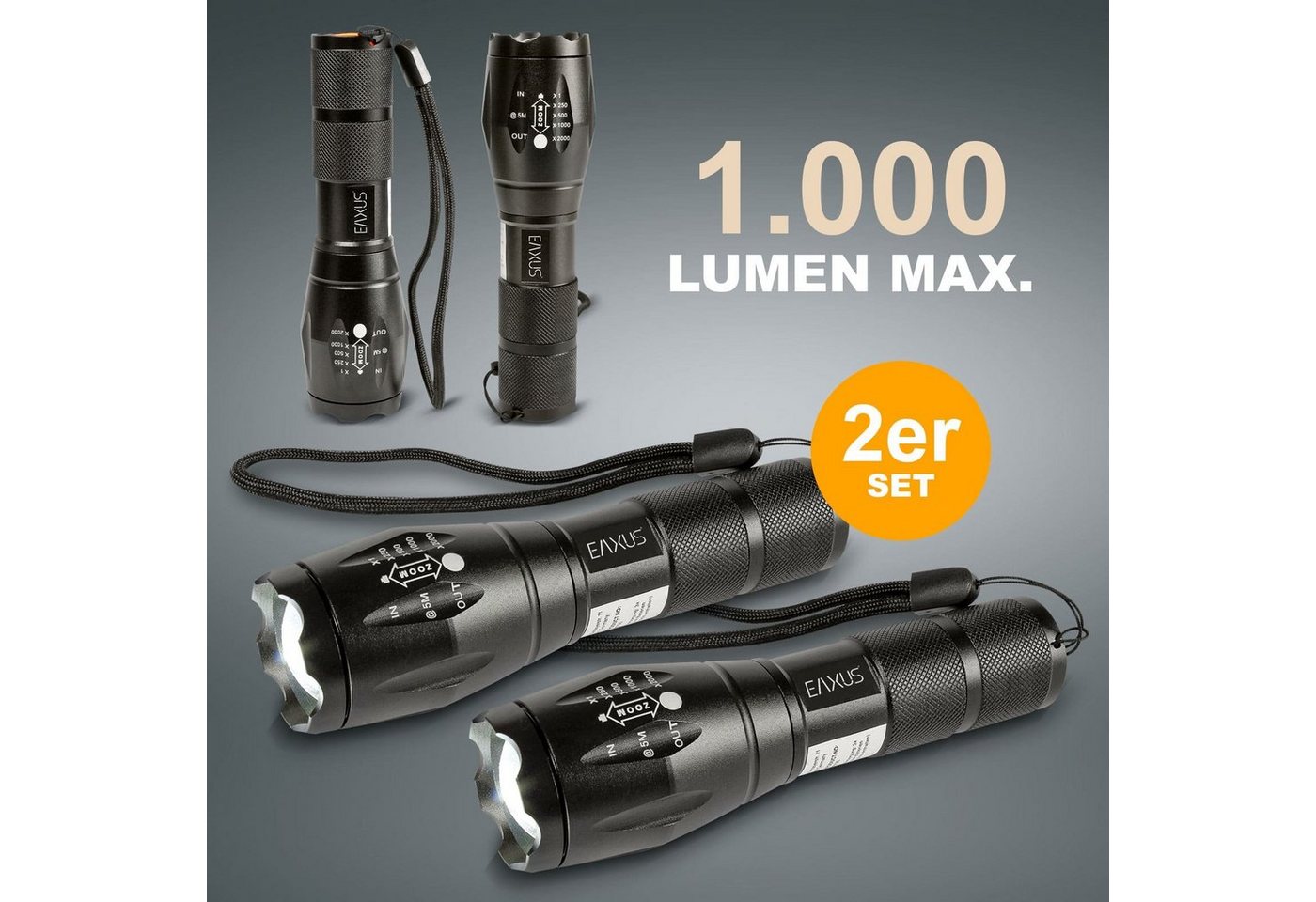 EAXUS LED Taschenlampe Taktische Taschenlampe Zoombar (2-St), 5 Leuchtmodi, SOS-Modus, Aluminium-Gehäuse, 1000 Lumen von EAXUS