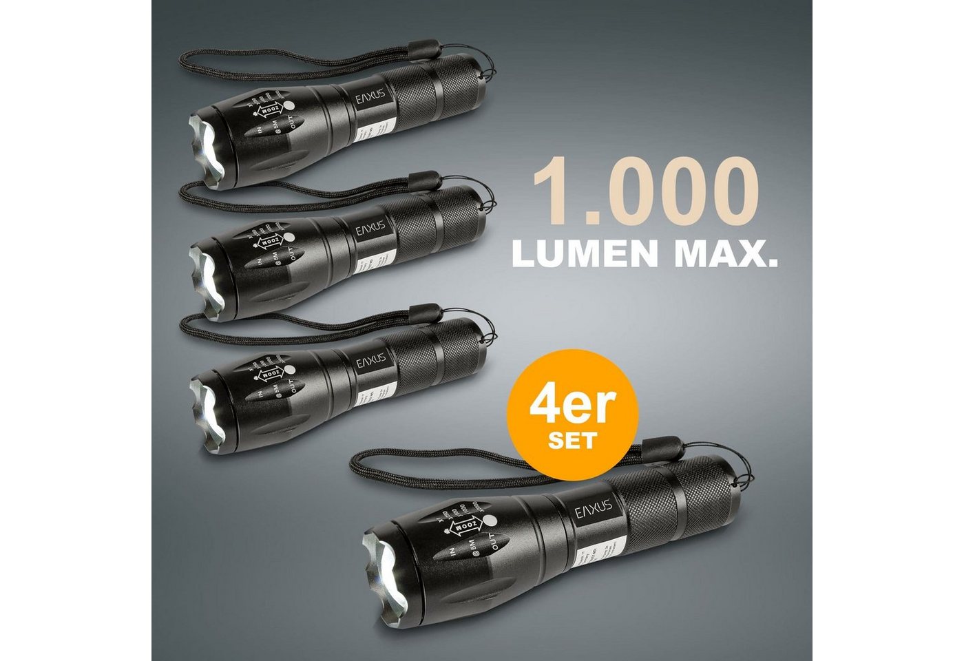 EAXUS LED Taschenlampe Taktische Taschenlampe Zoombar (4-St), 5 Leuchtmodi, SOS-Modus, Aluminium-Gehäuse, 1000 Lumen von EAXUS