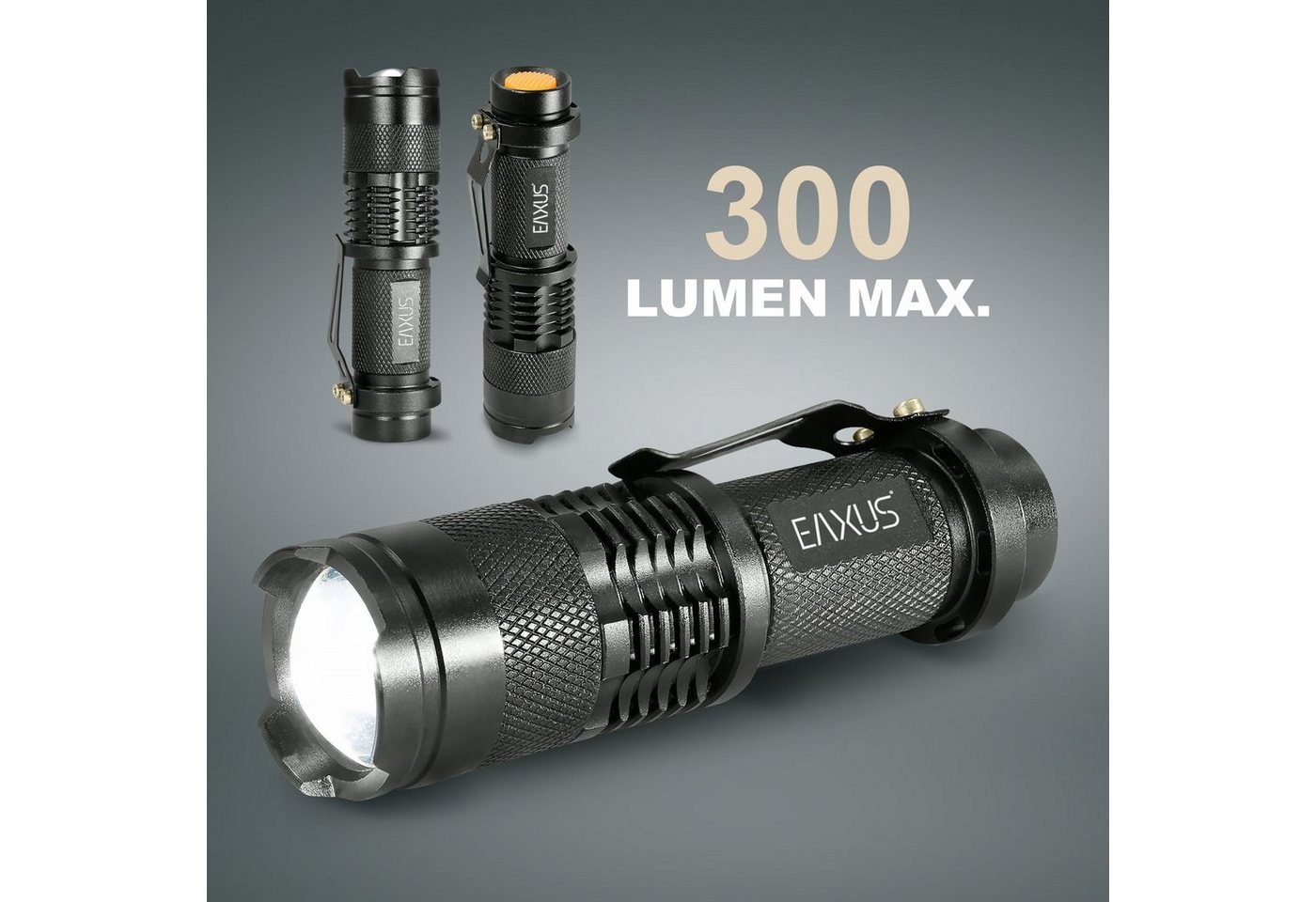 EAXUS LED Taschenlampe Taschenlampe Glow-X Profi Minitaschenlampe mit Clip (1-St), mit Clip zur Befestigung, 3 Leuchtmodi, Blink-Funktion, Zoom-Funktion von EAXUS