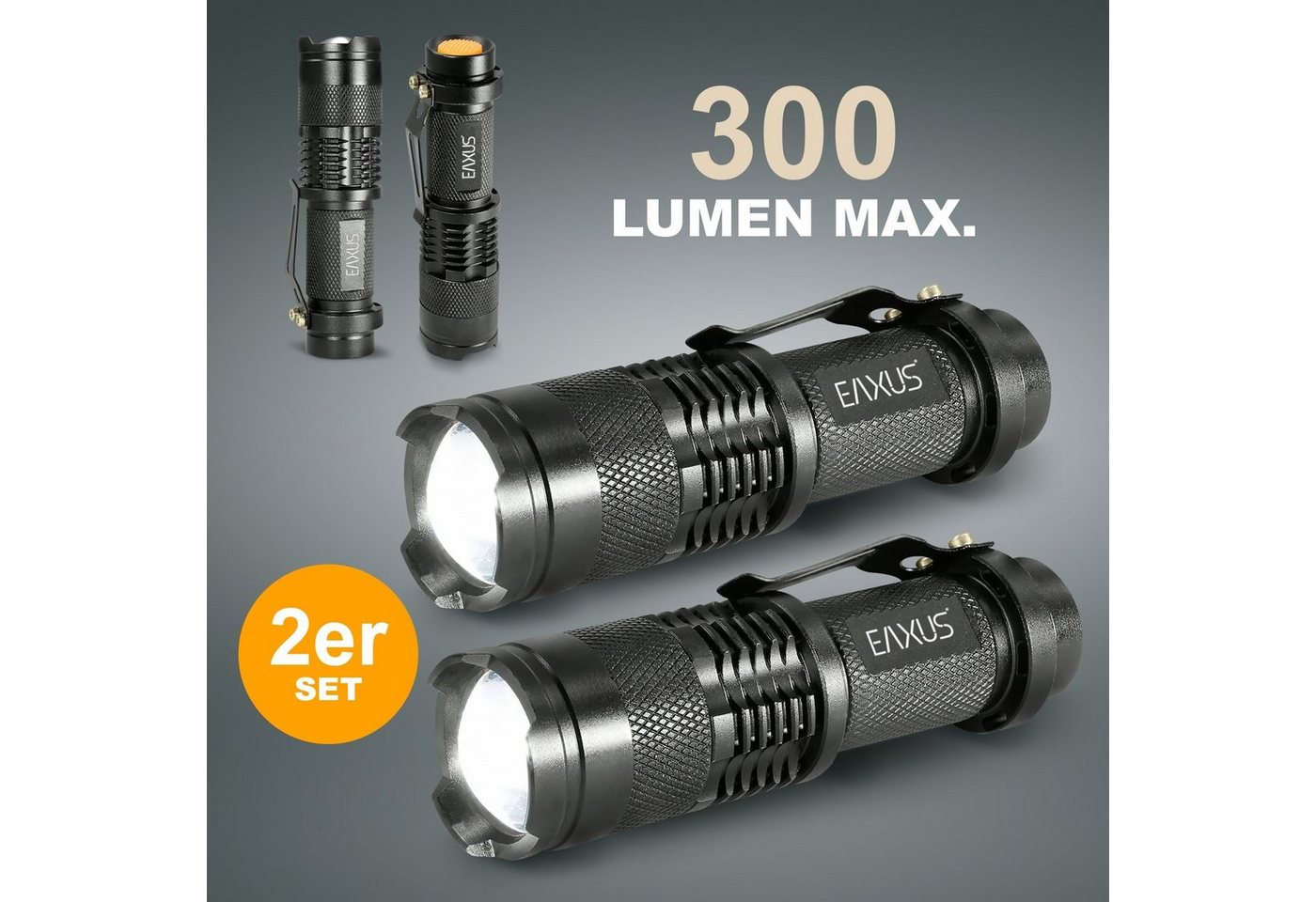 EAXUS LED Taschenlampe Taschenlampe Glow-X Profi Minitaschenlampe mit Clip (2-St), mit Clip zur Befestigung, 3 Leuchtmodi, Blink-Funktion, Zoom-Funktion von EAXUS