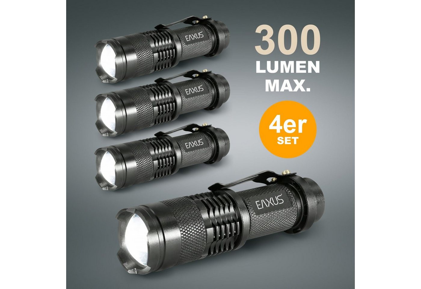 EAXUS LED Taschenlampe Taschenlampe Glow-X Profi Minitaschenlampe mit Clip (4-St), mit Clip zur Befestigung, 3 Leuchtmodi, Blink-Funktion, Zoom-Funktion von EAXUS