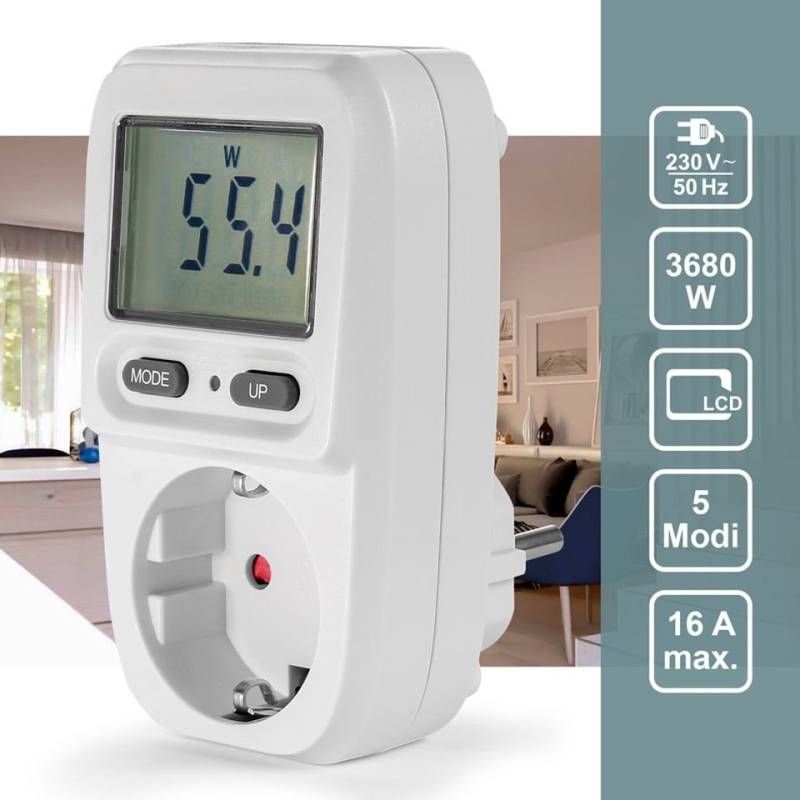 EAXUS Strommessgerät Energiekostenmessgerät Steckdose Strommesser Verbrauchsmessgerät, 1-tlg., bis 3680 Watt, Weiß mit Display von EAXUS