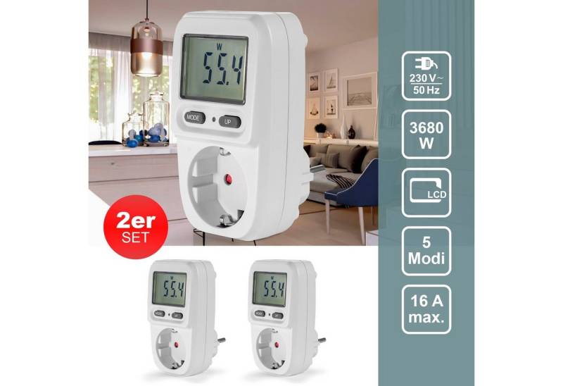 EAXUS Stromverbrauchszähler Energiekostenmessgerät Steckdose mit Display bis 3680 Watt, 2-tlg., Zeigt Stromkosten direkt an, mit Memory-Funktion, einfache Bedienung von EAXUS