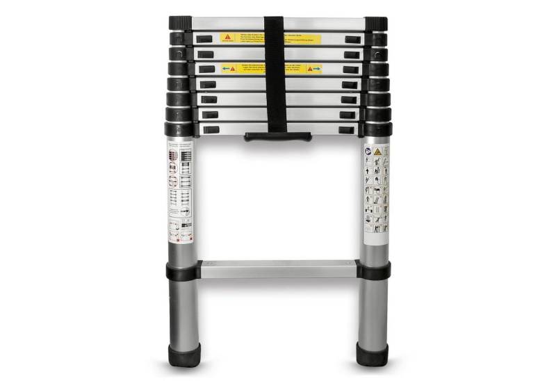 EAXUS Teleskopleiter Ausfahrbare Leiter Aluminium 2,6 Meter DIN EN 131 Mehrzweckleiter, 9 rutschfeste Sprossen, zusammenklappbar auf 74 cm von EAXUS