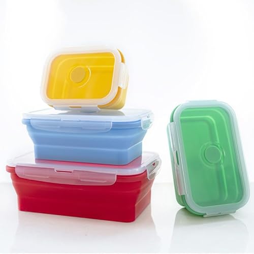 EAZHOP Zusammenklappbare Silikon-Aufbewahrungsbehälter mit Deckel, 4er-Set, quadratische, tragbare Bento-Boxen, platzsparend, für Mikrowelle und Gefrierschrank, blau von EAZHOP