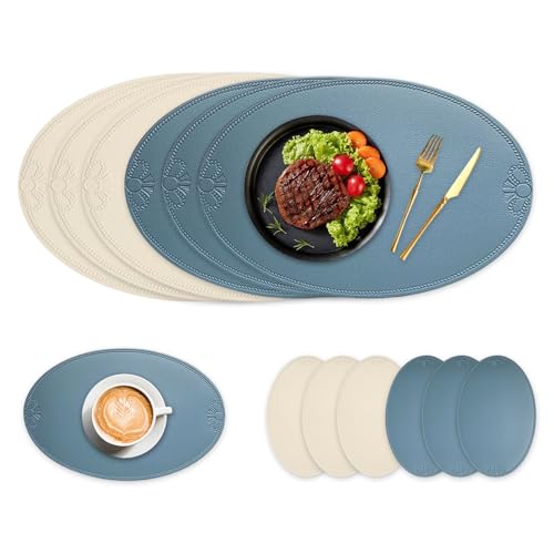 Tischset aus PVC-Leder 6-teiliges, inkl. Untersetzer I Platzset Abwaschbar I Platzdeckchen Set in Lederoptik, Tischunterlage für Teller & Gläser (Beige Grün) von EAZHOP