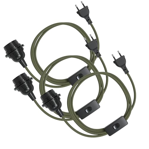 EAZY CASE - 3x Lampenfassung E27 mit Kabel aus Stoff [MIT SCHALTER] - Fassung E27 mit Kabel - Lampenfassung mit Schalter - Lampenkabel mit Fassung - Glühbirne mit Kabel - DIY Lampenfassung mit Stecker von EAZY CASE