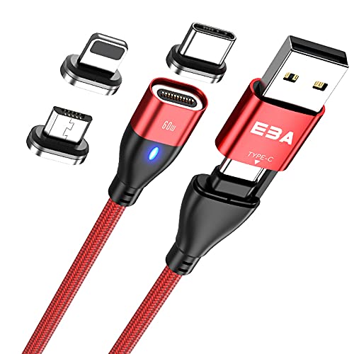 EBA Magnetisches Datenkabel Typ-C to USB kompatibel Android,Micro-USB,Type C,Smartphone und Tablette, 3A 60W Schnellladen Kabel – Magnetic ladekabel (PD60W) (Rot) von EBA