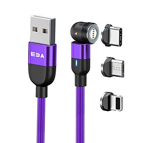 EBA magnetisches Datenkabel Schnellladekabel 540° 3A - Ladekabel geflochtenes USB-Kabel kompatibel mit i-Produkt/Mikro USB/Type-C (Schnellladen, Lila) von EBA