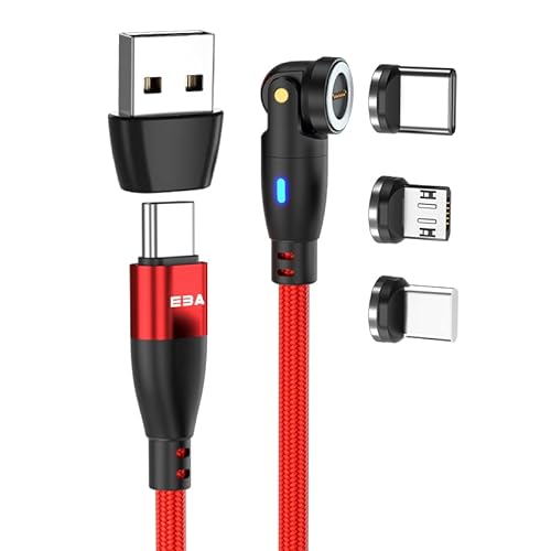 EBA magnetisches Datenkabel 540°, Magnetik Data kable, Schnellladekabel, kompatibel mit i-Produkt, USB-Typ-C, USB Mikro, Magnetik USB-Kabel Datenübertragung, Ladekabel Fast charging (Rot) von EBA