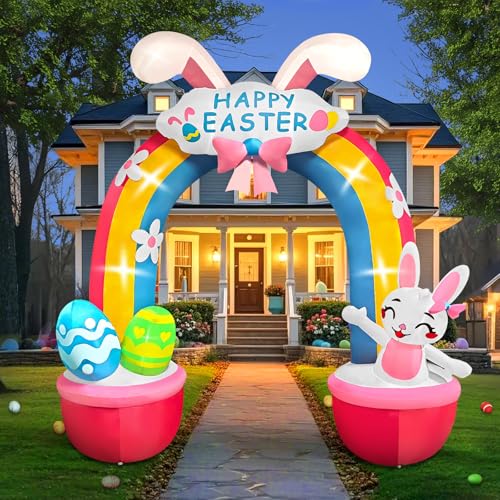 EBANKU 11.3Ft Aufblasbar Oster Dekoration, Aufblasbarer Regenbogen Torbogen mit Hasenohren und Eierhäschen für Lnnen und Außenbereich Osterhase Deko Outdoor Hausgarten Rasen Garten Party von EBANKU
