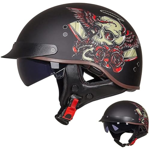 EBAYIN Halbschalenhelm mit ECE, Retro Jethelm Chopper Helm Retro Motorrad Helm, Halbhelme Scooter-Helm Mofa-Helm mit Sonnenblende und Herausnehmbares Atmungsaktives Futter,J-M=（57~58cm） von EBAYIN