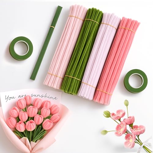 Premium-Pfeifenreiniger Set, 400 Stück Pfeifenputzer zum Basteln mit Band, Klebeband & Blumendraht – Bouquet-Set für Hochzeit & DIY (Dunkelrosa, Rosa, Hellrosa, Grün) von EBEAKA