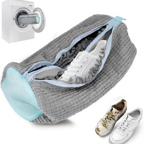Schuhwaschbeutel Waschmaschine, 2-in-1 Doppel -Reißverschluss Doppeltaschen Schuhbeutel, 360° Allround Reinigung & Schutz, Wiederverwendbar Waschbeutel Schuhe für alle Schuharten und Größen (Grau) von EBEAKA