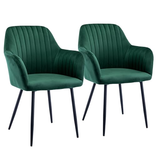 EBELLO Esszimmerstuhl aus Samt, 2er-Set, Schminktischstühle mit Metallbeinen, Schminktischstühle mit weicher Rückenlehne und weichen Kissen, Wannenstuhl für Wohnzimmer, Schlafzimmer, Küche, Grün von EBELLO