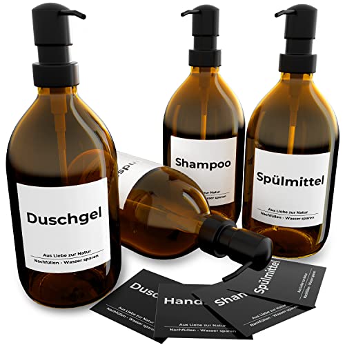 EBELYX Seifenspender Set - 4x500ml Spülmittelspender aus Glas mit Pumpspender aus Edelstahl, Shampoo Flaschen zum Befüllen mit 8 wasserfesten Etiketten für Dusche, Bad, Küche (4x500ml) von EBELYX