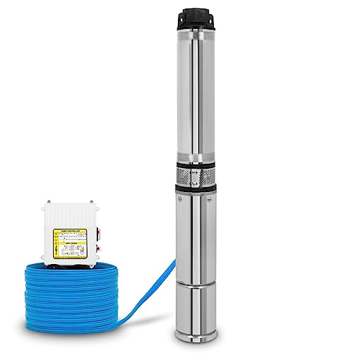 EBERTH 4" Tiefbrunnenpumpe Brunnenpumpe aus rostfreiem Edelstahl, Elektrisch 370W, Durchmesser Pumpe 4 Zoll (10cm), Anschlussgewinde 1 1/2 Zoll, Stromkabel 20m, Förderhöhe max. 31m, mit Schmutzsieb von EBERTH