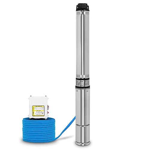 EBERTH 4" Tiefbrunnenpumpe Brunnenpumpe aus rostfreiem Edelstahl, Elektrisch 750W, Durchmesser Pumpe 4 Zoll (10cm), Anschlussgewinde 1 1/2 Zoll, Stromkabel 20m, Förderhöhe max. 56m, mit Schmutzsieb von EBERTH