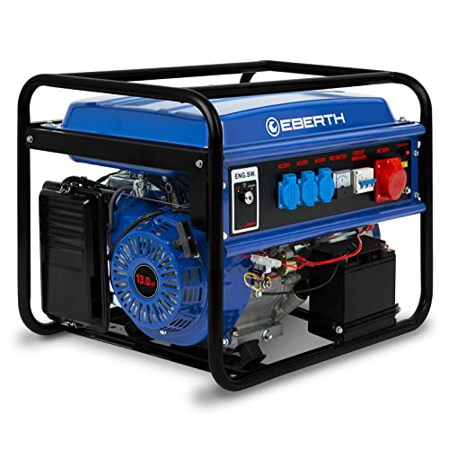 EBERTH 5500 Watt Notstromaggregat Stromerzeuger Stromaggregat mit E-Start, 13 PS Benzinmotor, 4-Takt, 3-Phasen, 1x 400V, 3x 230V, 1x 12V, automatischer Voltregler AVR, Ölmangelsicherung von EBERTH