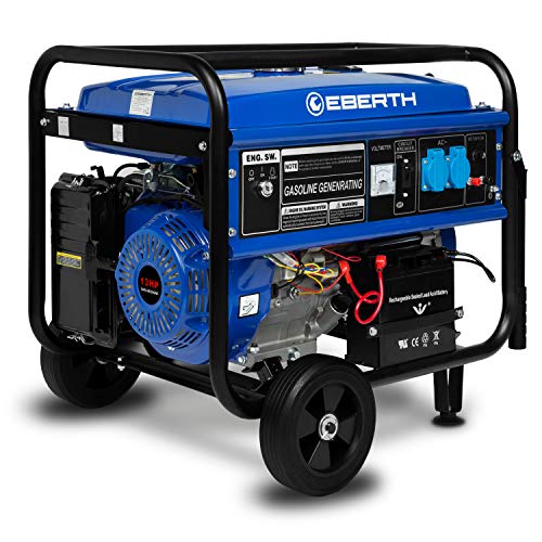 EBERTH 5500 Watt Notstromaggregat Stromerzeuger Stromaggregat mit Fahrwerk, E-Start, 13 PS Benzinmotor, 4-Takt, 1-Phase, 2X 230V, 1x 12V, automatischer Voltregler AVR, Ölmangelsicherung, Tankanzeige von EBERTH