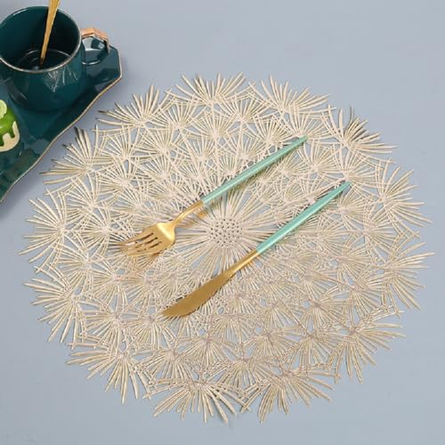EBETA E 6er Set Ausgehöhlte Rund Platzset Waschbar Tischset Hitzebeständig Rutschfester PVC Platzdeckchen für Küche, Party, Hochzeit (Gold) von EBETA