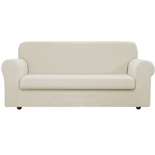 EBETA Elastisch Sofa Sitzkissenbezug, Jacquard Sofa SitzkissenAbdeckung, Kissenbezüge Husse Überzug für 1/2/3 Sofa Sitzer (3-Sitzer, Cremefarbe) von EBETA