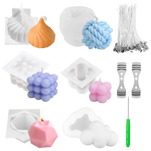 EBKCQ Kerzen Silikonformen Set, 6 Stück 3D DIY Kerzenform Bubble Kerzen Kit, Kerzenformen zum Gießen, Kerzen Formen Silikon mit 100 Kerzendocht, Silikonform Kerze zum Gießen als Heimdekorationen von EBKCQ