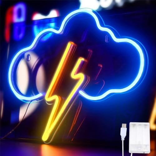 EBKCQ LED Niedliches Wolken Neonlicht,Neon Light Sign Cloud, Blau Wolke und Gelb Blitz Neon Sign, Batterie oder USB Powered Licht Wand Led für Schlafzimmer, Kinderzimmer, Wohnzimmer, Bar, Party von EBKCQ