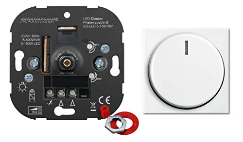 5 Jahre Garantie! EBROM® Unterputz LED Dimmer Drehdimmer + Busch Jäger Dimmerabdeckung 2115-914 alpinweiß Balance SI, Phasenabschnitt, für LED 5-150 Watt + dimmbare Halogen etc. 15-400 W/VA von Homry