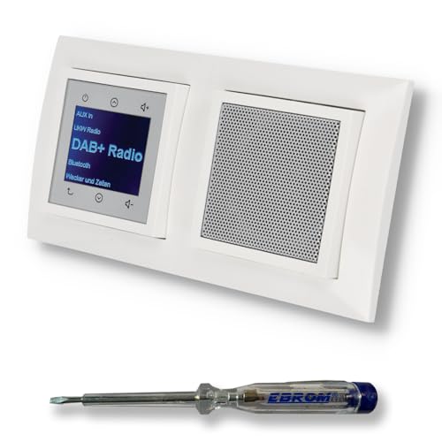BERKER Unterputz DAB+ und Bluetooth Radio 30848989 mit Lautsprecher polarweiß glänzend mit 2fach Rahmen Berker 10128989 inkl. EBROM Phasenprüfer zur Montage der Geräte von EBROM SET IDEE