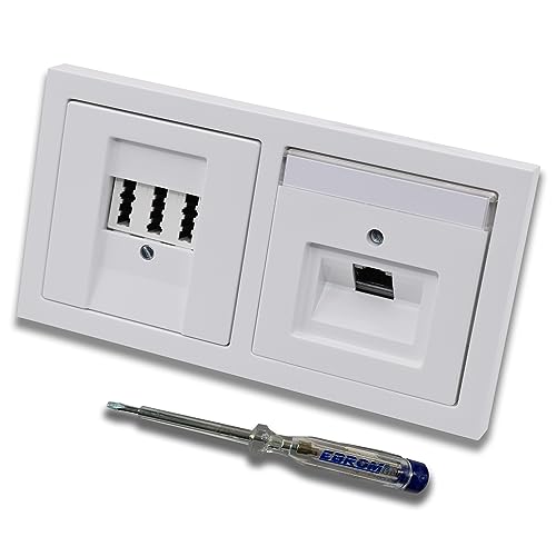 Busch Jäger, Rutenbeck Unterputz Netzwerkdose 10 Gigabit/S (10GbE) KAT6A 6A 1xRJ45 Anschluss + EBROM Telefon TAE 3x6 NFN Dose in BJ Future Linear Studioweiß + EBROM Phasenprüfer z. Montage d. Geräte von EBROM SET IDEE