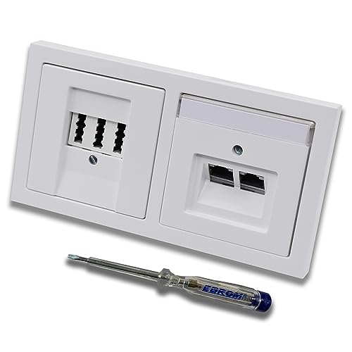 Busch Jäger, Rutenbeck Unterputz Netzwerkdose 10 Gigabit/S (10GbE) KAT6A 6A 2xRJ45 Anschluss + EBROM Telefon TAE 3x6 NFN Dose in BJ Future Linear Studioweiß + EBROM Phasenprüfer z. Montage d. Geräte von EBROM SET IDEE