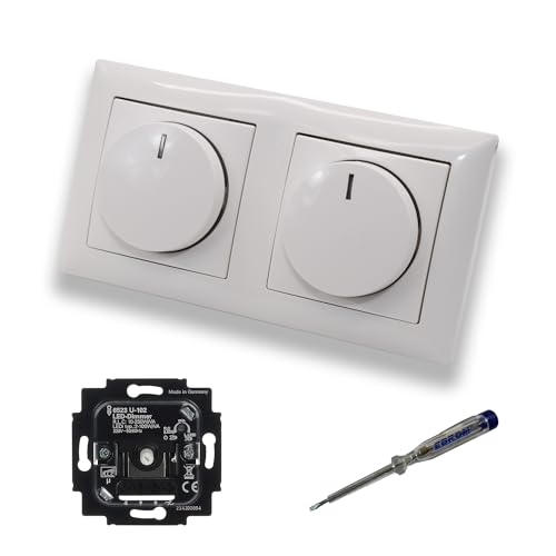 Busch Jäger 6523U-102 (2 Stück) LED Drehdimmer Dimmer + Dimmerscheiben 2115-914 in BalanceSi alpinweiß glänzend im 2-fach Rahmen inkl. EBROM Phasenprüfer zur Montage der Geräte 6523 U - 102 von EBROM SET IDEE