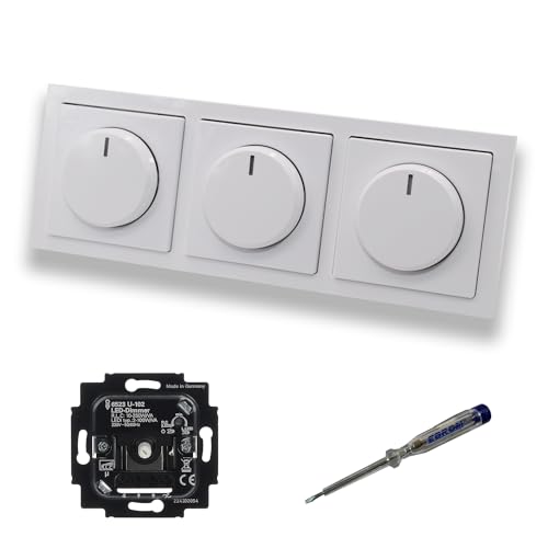Busch Jäger 6523U-102 (3 Stück) LED Drehdimmer Dimmer + Dimmerscheiben 6540-84-102 in Future Linear Studioweiß glänzend im 3-fach Rahmen inkl. EBROM Phasenprüfer zur Montage der Geräte 6523 U - 102 von EBROM SET IDEE