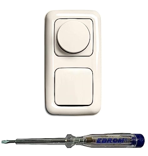 Busch Jäger 6523U-102 LED Drehdimmer Dimmer + Dimmerscheibe 2115-212 und Lichttaster 2020 US in DURO2000 cremeweiß glänzend inklusive EBROM Phasenprüfer zur Montage der Geräte (6523 U – 102) von EBROM SET IDEE