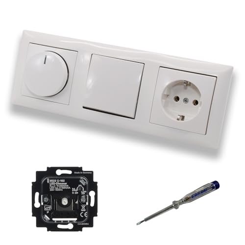 Busch Jäger 6523U-102 LED Drehdimmer Dimmer + Dimmerscheibe 2115-914 + Taster 2020US + Steckdose 20EUC-914 Balance Si alpinweiß glänzend + EBROM Phasenprüfer z. Montage der Geräte 6523 U – 102 von EBROM SET IDEE