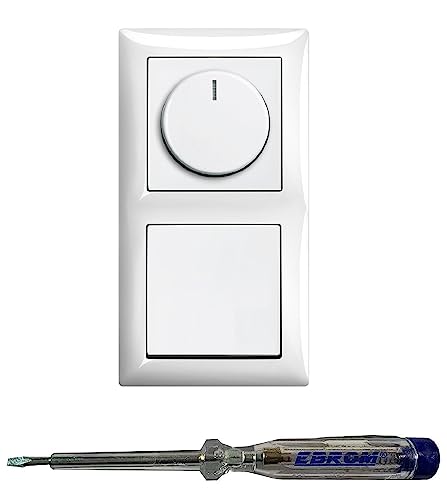 Busch Jäger 6523U-102 LED Drehdimmer Dimmer + Dimmerscheibe 2115-914 und Kreuzschalter 2000/7 US in Balance Si alpinweiß glänzend inklusive EBROM Phasenprüfer zur Montage der Geräte (6523 U – 102) von EBROM SET IDEE